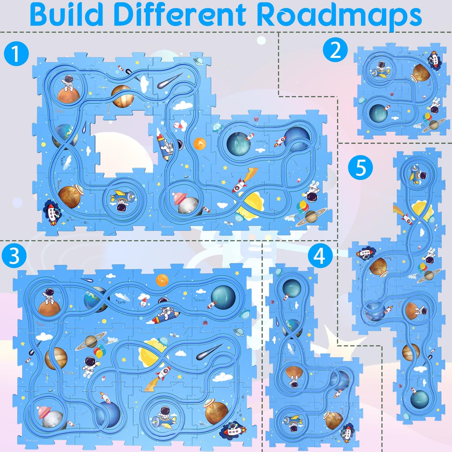 Puzzle Track Educational Play Set-Plastic Jigsaw Board & Battery Operated Toy Vehicles, Montessori Toys For Kids Ages 3-5, 2-4 Y