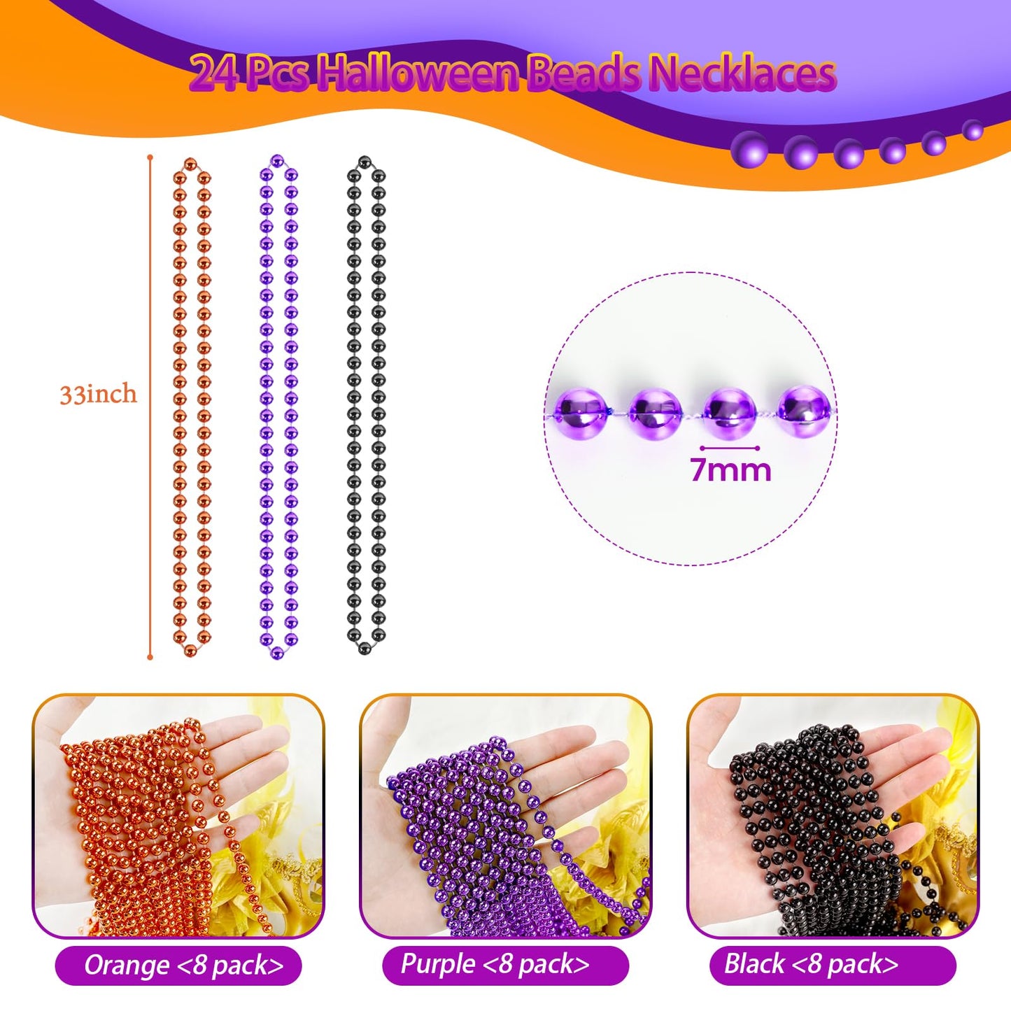 SHAOQINLIN 24Pcs Halloween Bead Necklace, Halloween Purple Black Orange Bead Necklaces, 33'' Metallic Beaded Party Necklaces for