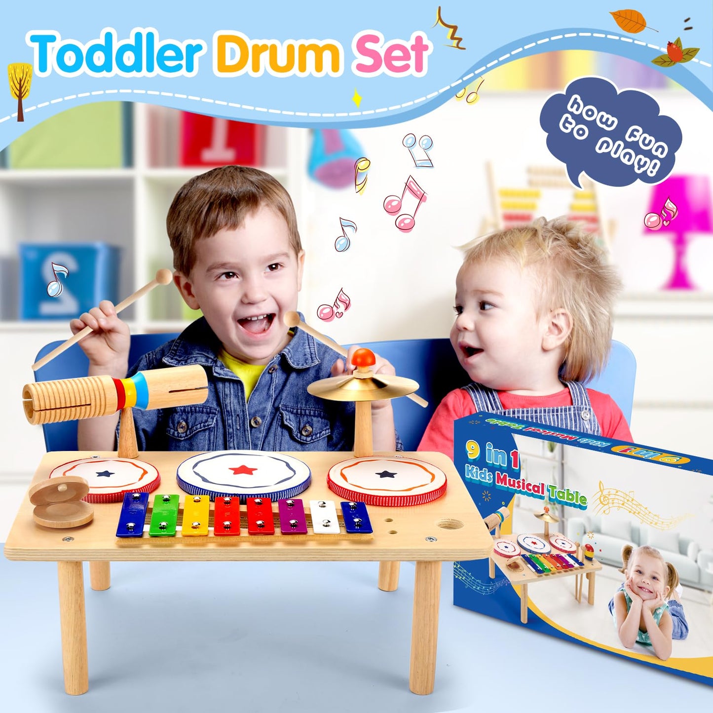 WINGYZ Baby Drum Set – 9-in-1 Wooden Musical Instruments, Montessori Music Toys, 16'' L x 10'' W x 10'' H, Multicolor, Model Xyl