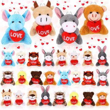 Blueweenly 24 Pcs Valentine‘S Day Gifts Exchange For Classroom Mini Plush Animals With Heart Valentine Small Stuffed Animal Toys Valentines Mini Keychain For Kids Party Favor Rewards Bags Filler