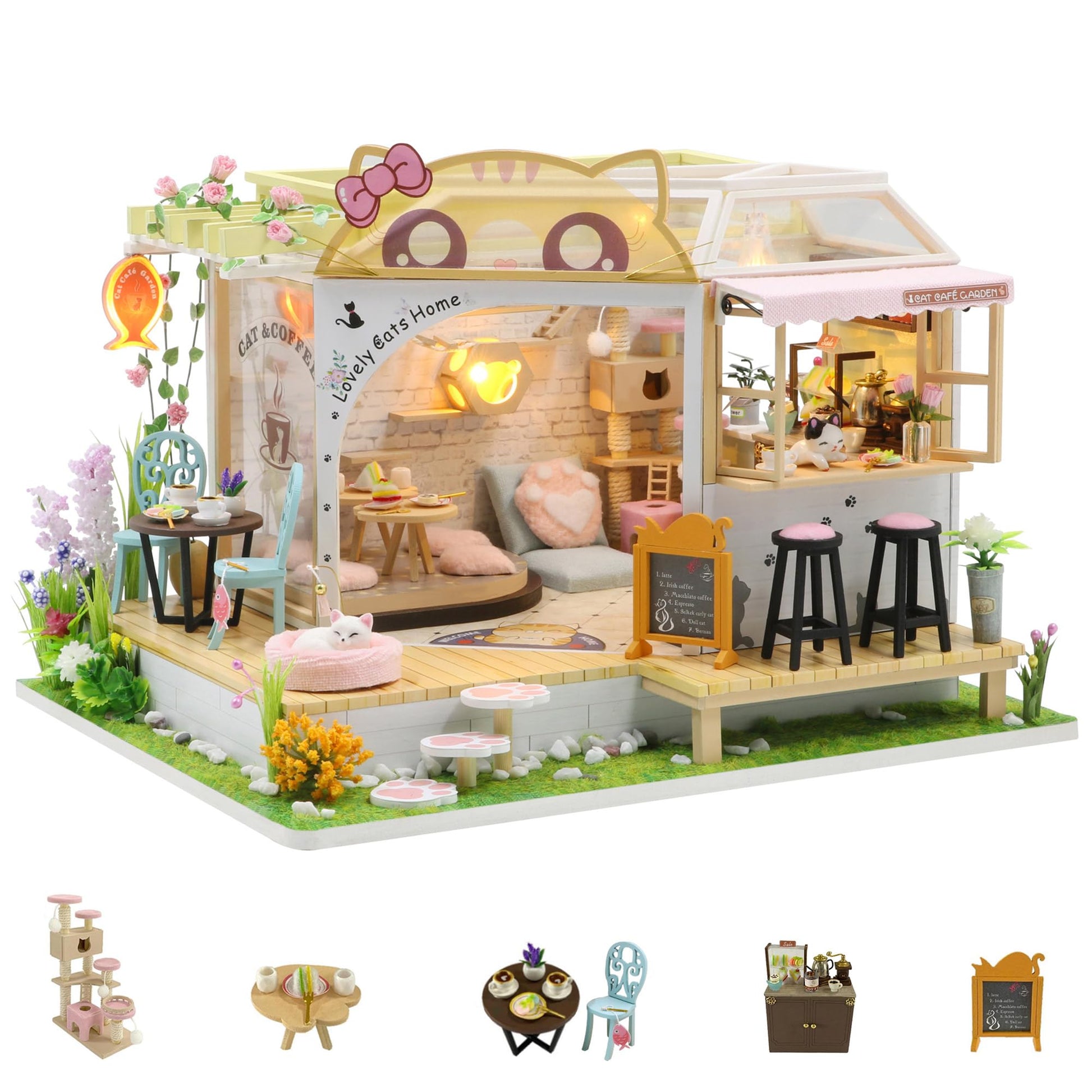 Kisoy Dollhouse Miniature with Furniture Kit  Handmade DIY House Model for Teens mature-themed Gift (Cat Cafe Garden)