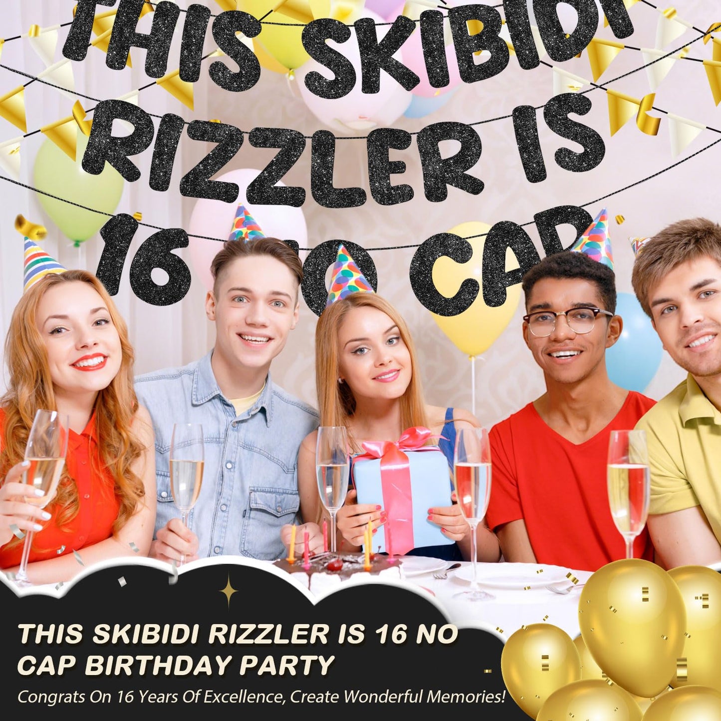 Fulmoon Pre Strung This Skibidi Rizzler Is 16 No Cap Glitter Banner 16th Birthday Party Decorations, Funny Birthday Sign, Party