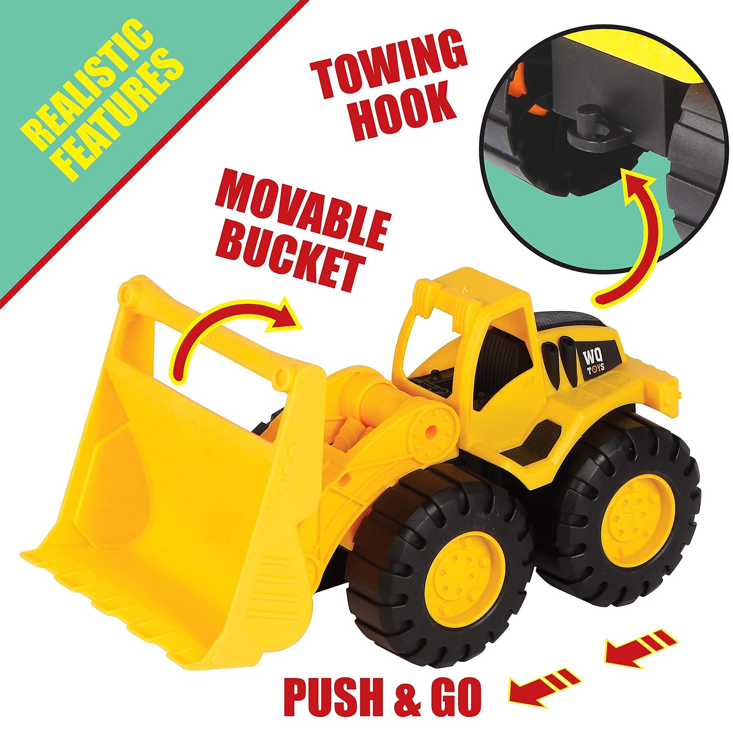 MOBIUS Toys Flatbed Truck with Excavator Tractor Toy - 1:12 Scale, Push and Go Construction Vehicle Playset, Lights & Sounds for