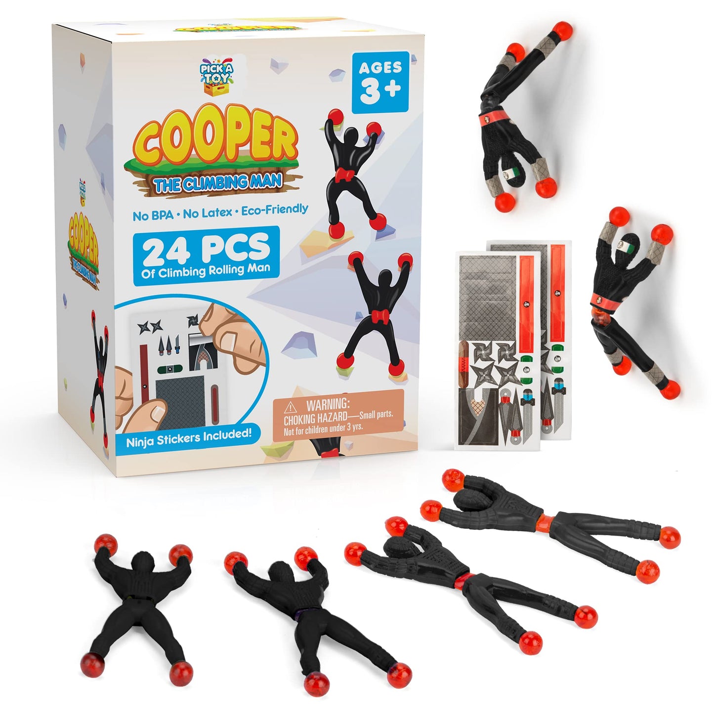 PICK A TOY 24 Sticky Wall Climbing Black Ninjas – Plastic DIY Costume Stickers for Kids' Parties, Easter, Birthdays