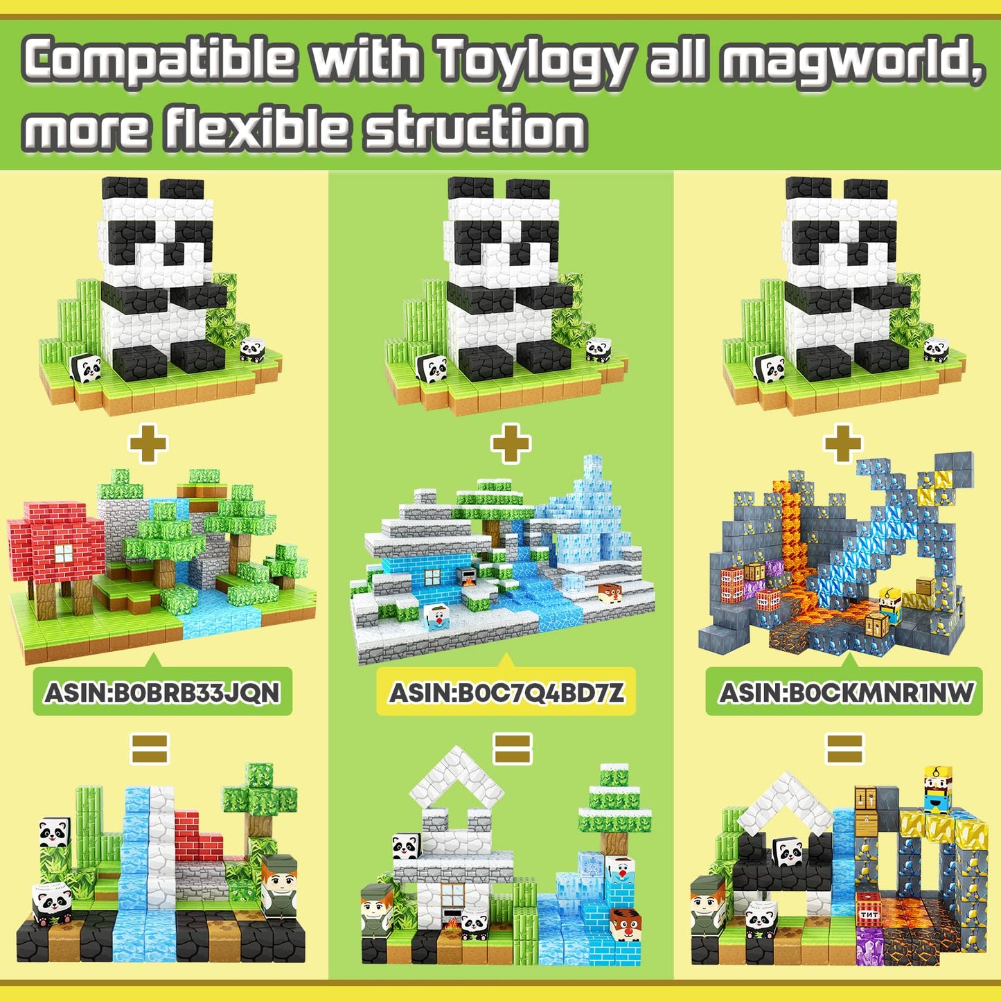 Toylogy Magnetic Blocks - Panda Edition, Plastic Building Tiles for Ages 3-8, Green STEM Learning Toys