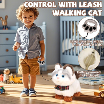 Jimate Walking Cat Toys For Kids With Leash, Plush Toy Cat That Walks And Meows, Interactive Cat Toy For Kids Aged 3-7, Best Bir