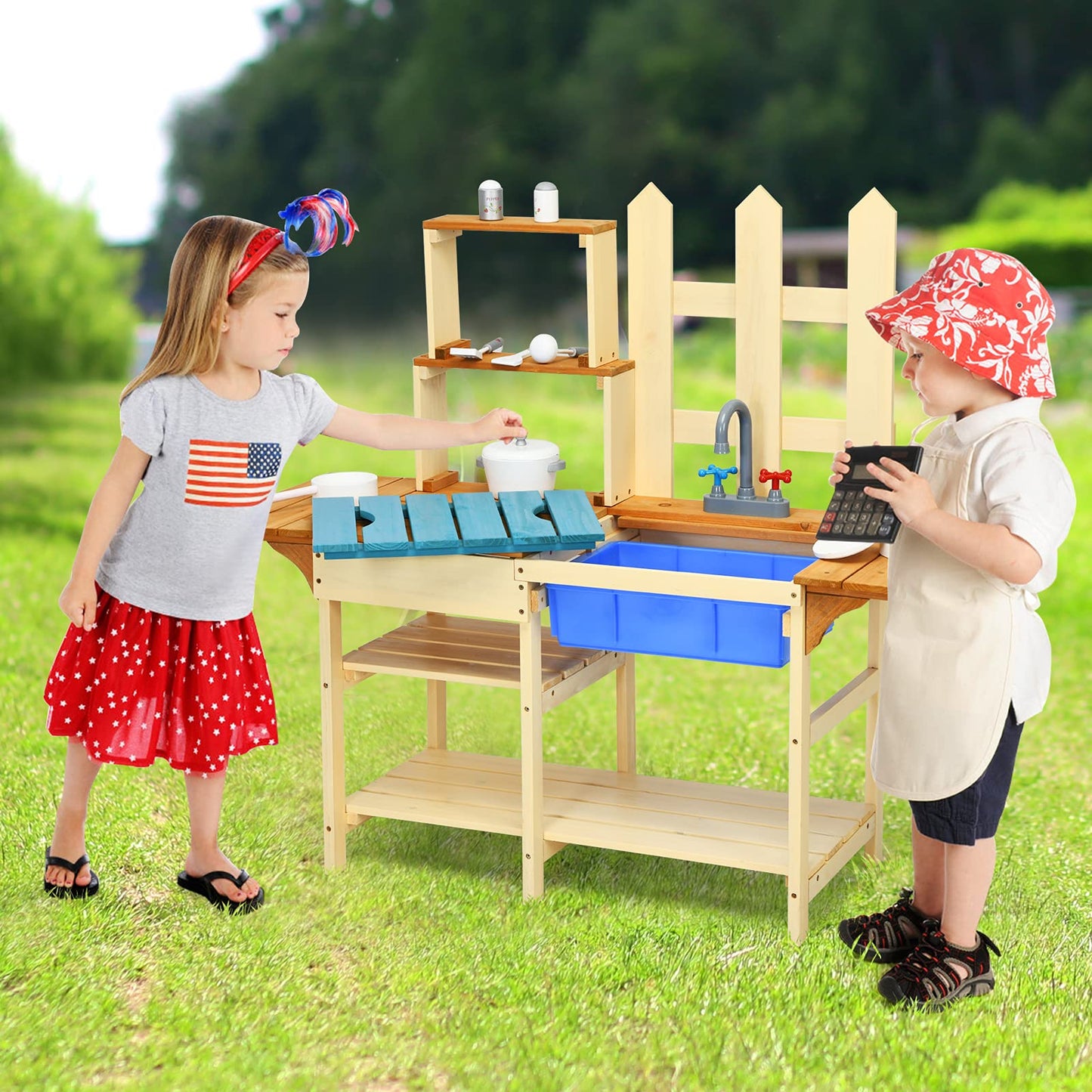 Costzon Mud Kitchen for Kids Outdoor, Wooden Pretend Play Kitchen with Removable Sink, Faucet, Storage Shelves, Mud Table, Kids