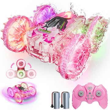 BFUNTOYS Amphibious Remote Control Car for Water or Land Play, RC Car for Kids Girls with LED Lights 4WD Stunt Car Pink Pool Toy