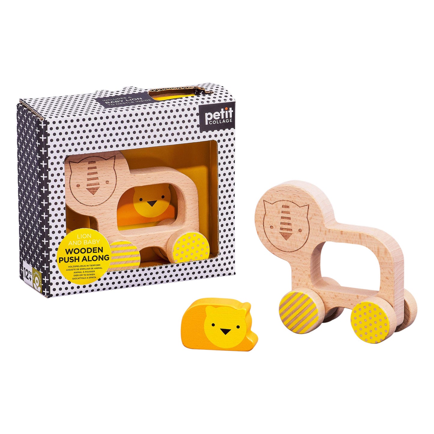 Petit Collage Wooden Push Toy - Lion & Baby, Ideal for 12+ Months, Encourages Movement, Model PTC540, Eco-Friendly Wood