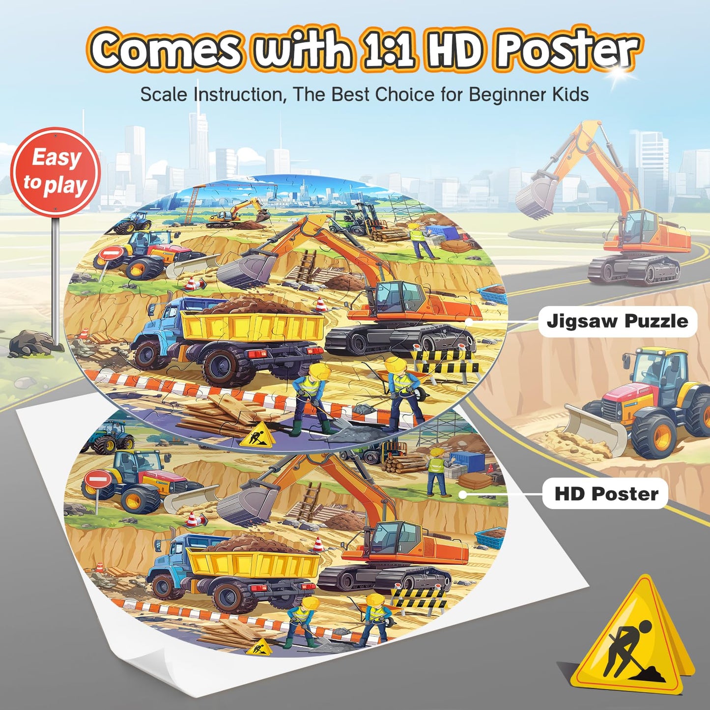 Digobay Floor Puzzles For Kids Ages 3 4 5 6 7 8, 70 Piece Construction Site Jigsaw Puzzle With Excavator Bulldozer Forklift Dump