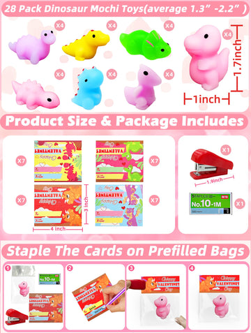 28 Pack Valentines Animals Mochi Squishies with Valentines Cards Classroom Valentine's Day Gifts for Kids Boys Prefilled Kawaii