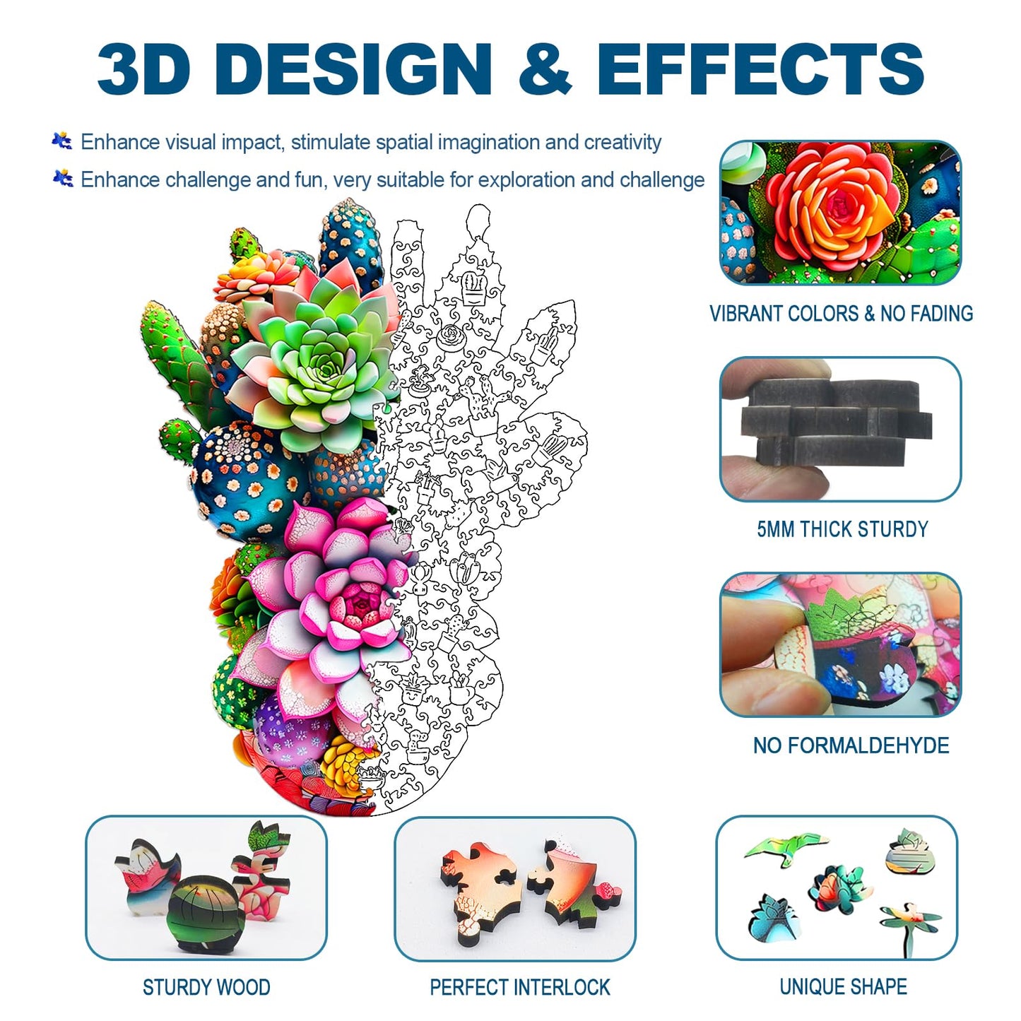 Wooden Jigsaw Puzzles for mature-themeds and Kids  Cactus Flower 300 Piece Unique Shaped Puzzle  Family Game and Creative Wooden Puzzle Gift  Wall Art Decor