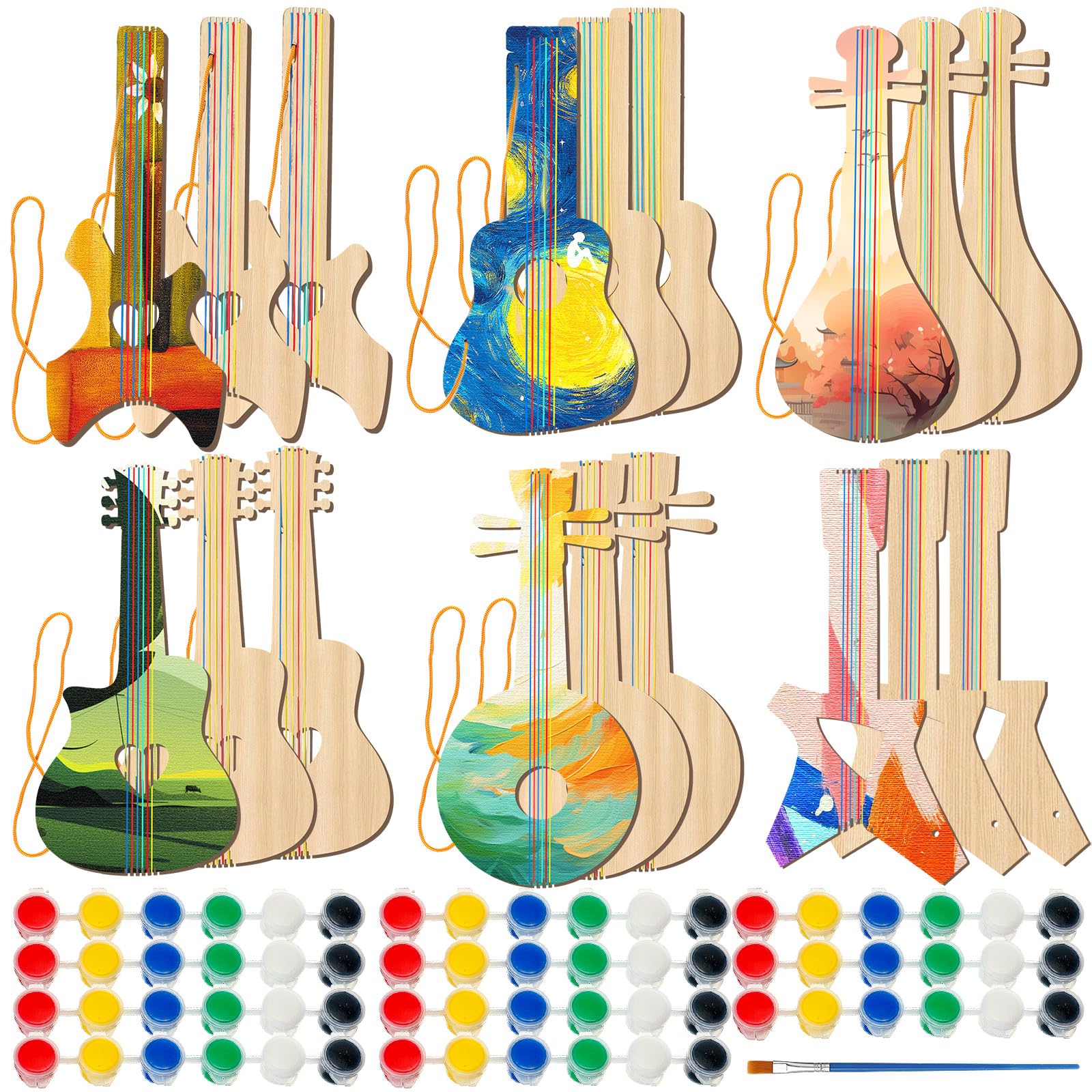 Syhood 36 Pcs 18 Sets DIY Wood Guitar for Kids (6 Difference Designs) with Pigments (6 Colors), Christmas Kids Gift for Boys Gir