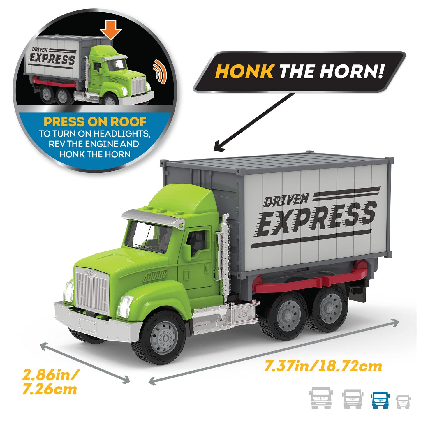 Driven by Battat Toy Container Truck with Lights & Sounds, Green, Model WH1211C6Z, Realistic Movable Parts, for Kids 3 Years +