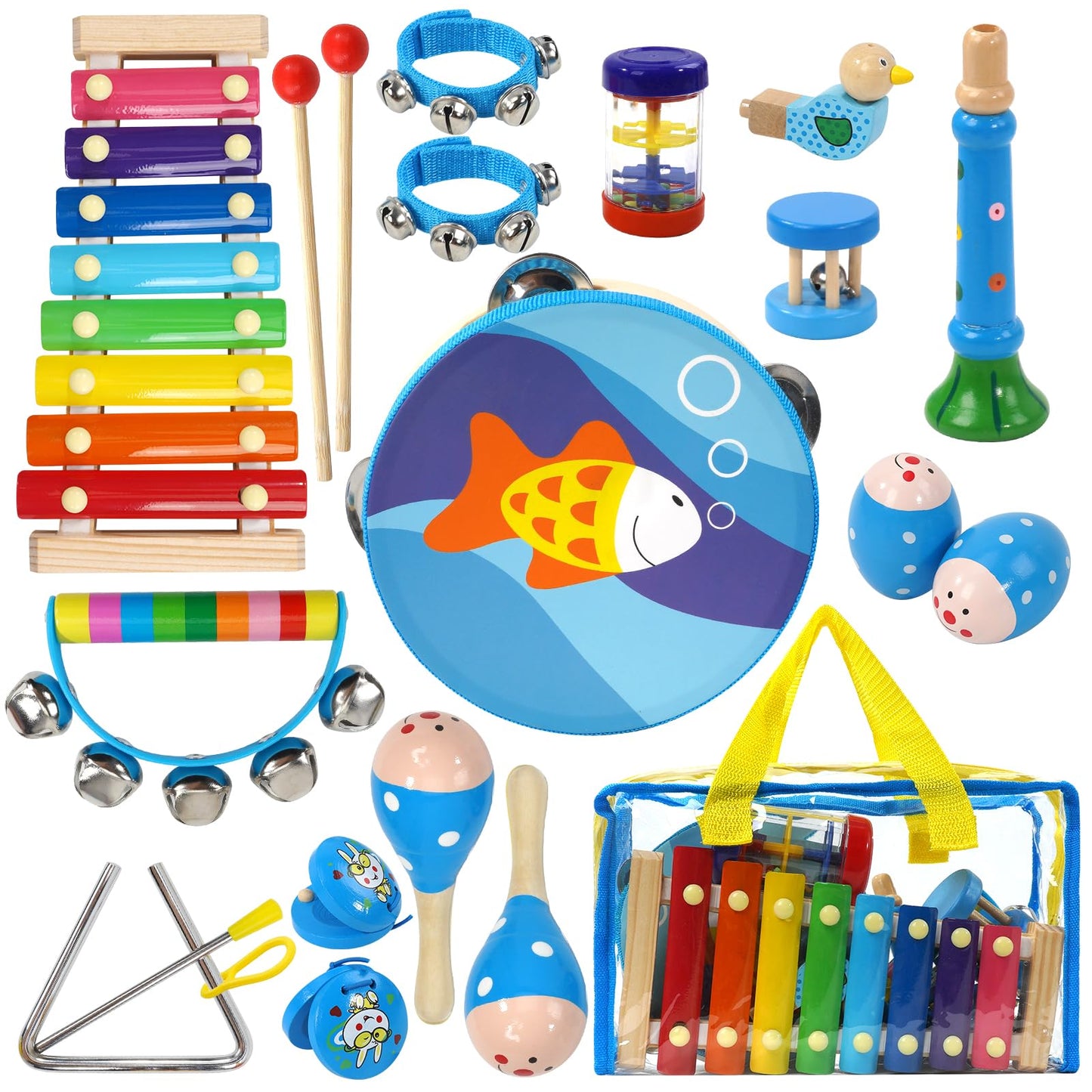 Raimy Kids Musical Instruments Set - Wooden Percussion Instruments Toy For Toddler Baby, Preschool Educational Music Toys For Boys And Girls With Carrying Bag (Blue)