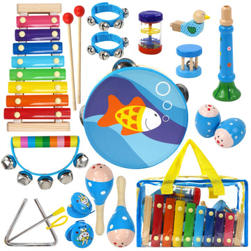 Raimy Kids Musical Instruments Set - Wooden Percussion Instruments Toy For Toddler Baby, Preschool Educational Music Toys For Boys And Girls With Carrying Bag (Blue)