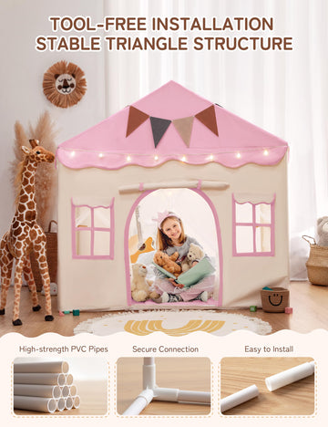 Besrey Kids Play Tent, Kids Playhouse 2 In 1 With Padded Mat And Lights, Large Play Tent With 2 Doors & 4 Windows, Kids Play Tent Indoor & Outdoor, Christmas Toddler Tent For Kids, 51' X35' X 51'