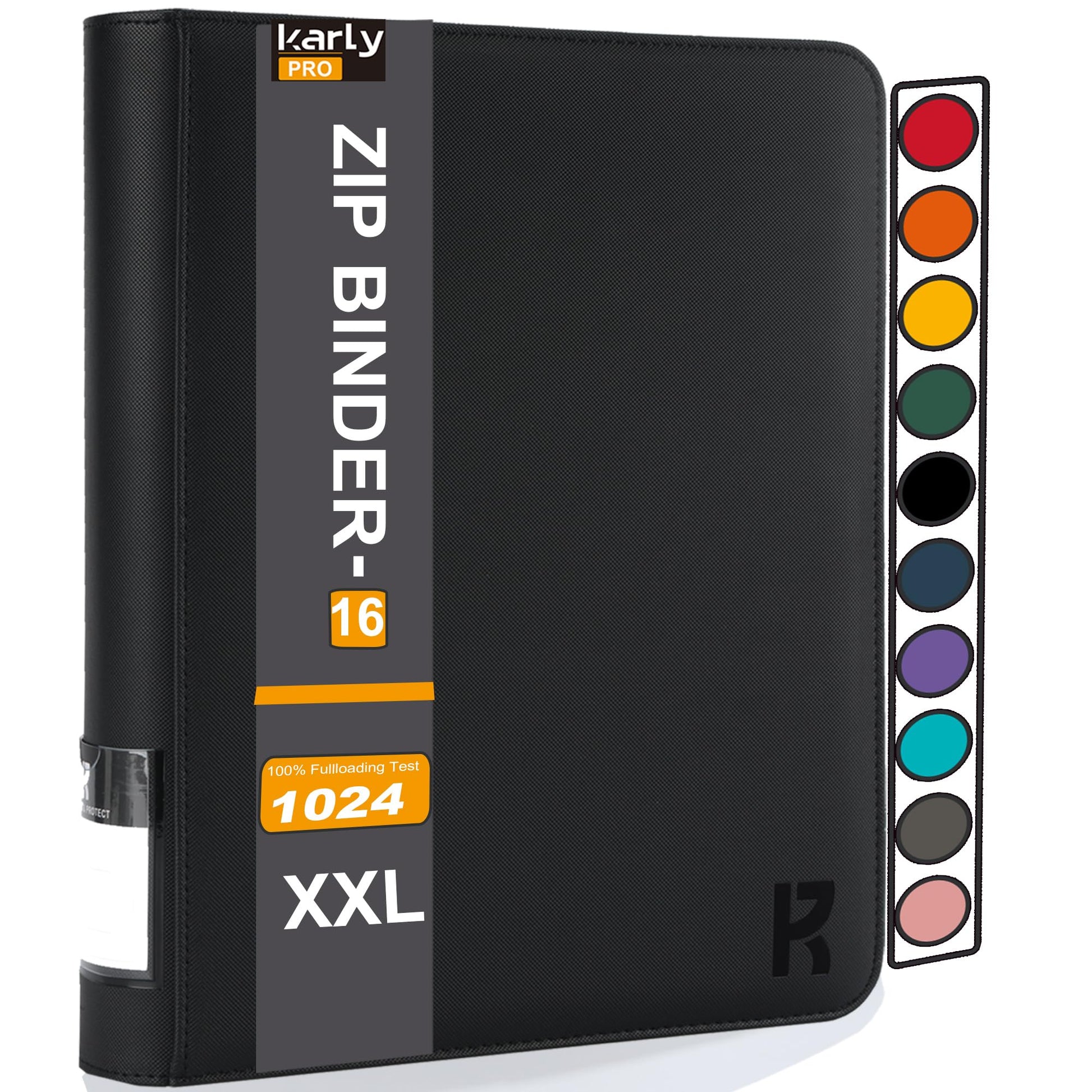 KarlyPro enhanced 1000+ Pockets Card Binder  16-Pocket Ringless Trading Card Album Folder Tag Design -Double Side Loading UltraSonic-16 1024 Tech Zip Binder for TCG-Black