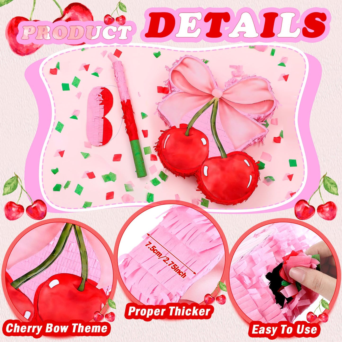 Feifeiya Coquette Pink Bow Cherry Piñata Bundle with Blindfold, Bat & Confetti - Perfect for Girls Birthday Party Supplies