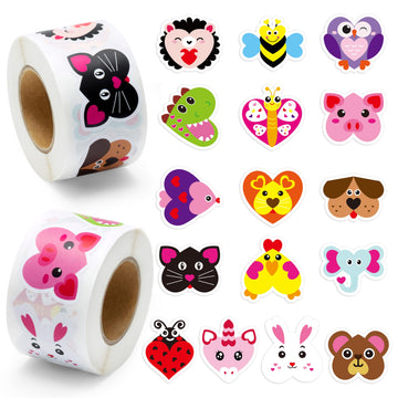 Beyumi 1000Pcs Valentine'S Day Heart Shaped Animal Stickers In 2 Rolls For Kids Valentine Heart Labels Waterproof Vinyl Decals For Greeting Cards Envelope Scrapbooking Party Decor Gift For Girls Teens