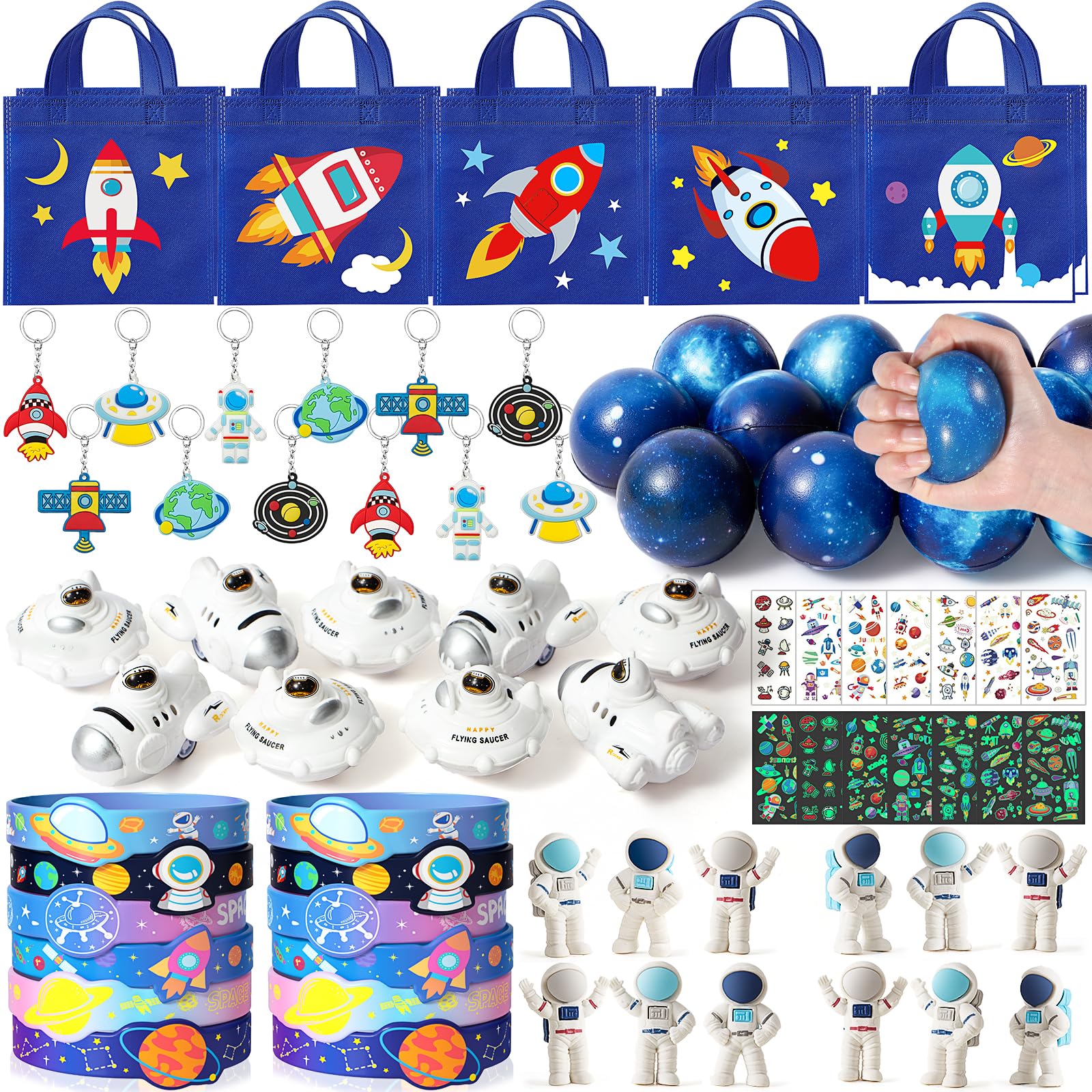 SNLN Outer Space Party Favors Birthday Supplies Non-Woven Gift Bag Stress Ball Spaceship Toy Astronaut Eraser Silicone Bracelet 