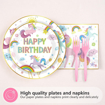 Grencian 96Pcs Unicorn 4th Birthday Party Supplies Magical Pastel Rainbow Unicorn Plates and Napkins Disposable Unicorn Party De