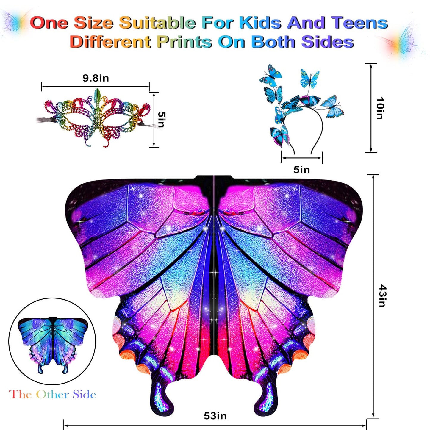 LYL. Ling Butterfly Wings For Girls  Double-Sided Fairy Wings  Kids Halloween Butterfly Costumes  3PCS Butterfly Cape Set.