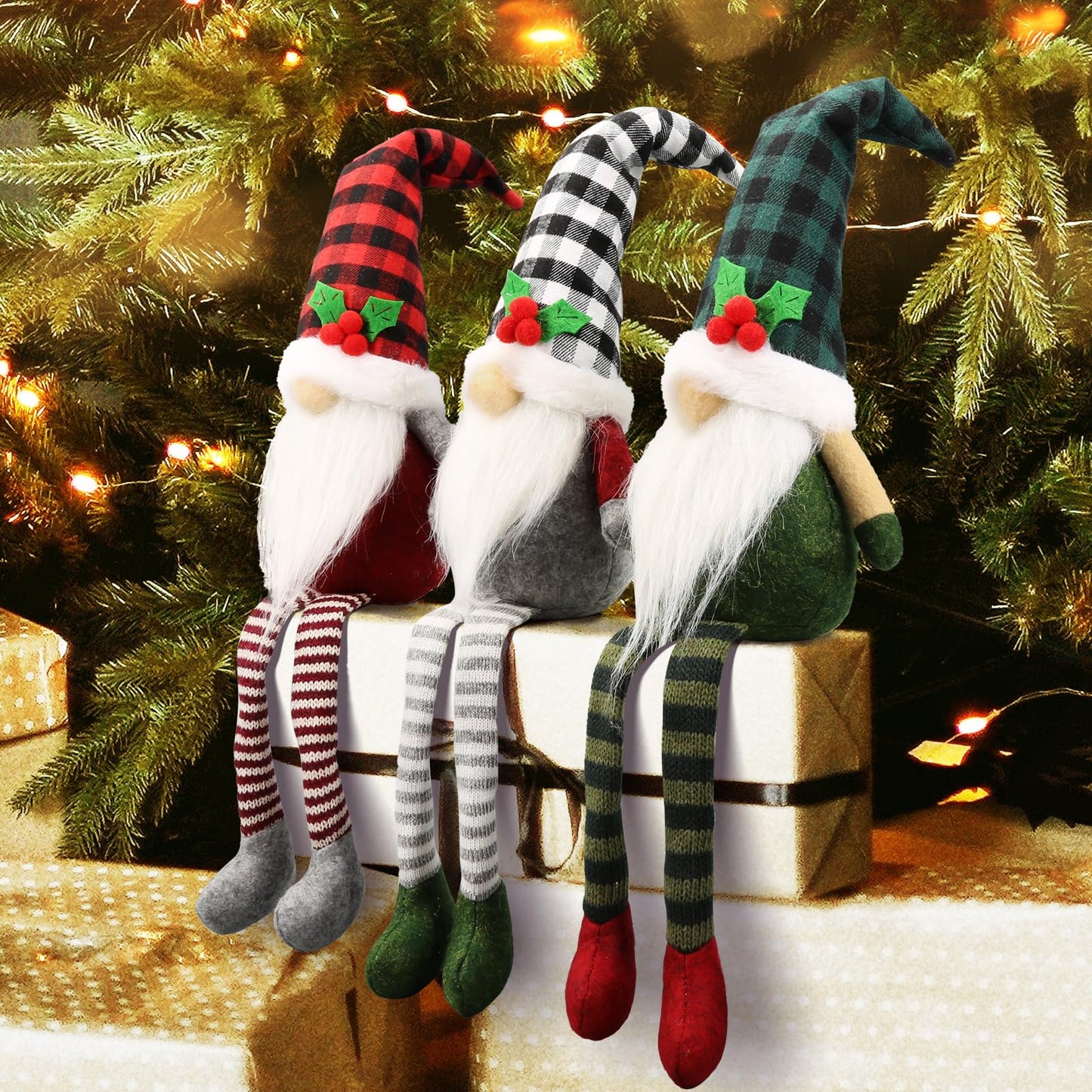 Teeker 3Pcs Christmas Gnomes Plush - Handmade Xmas Gnomes Santa Scandinavian Tomte Ornaments - Buffalo Check Plaid Christmas Gno