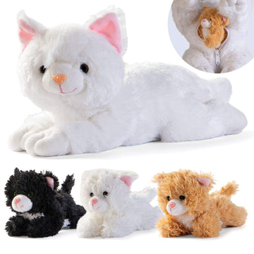 Prextex Plush Cat Toys Stuffed Animal W/ 3 Cats Baby Stuffed Animals - Big Cat Zippers 3 Little Plush Baby Kittens - Cat Plush T