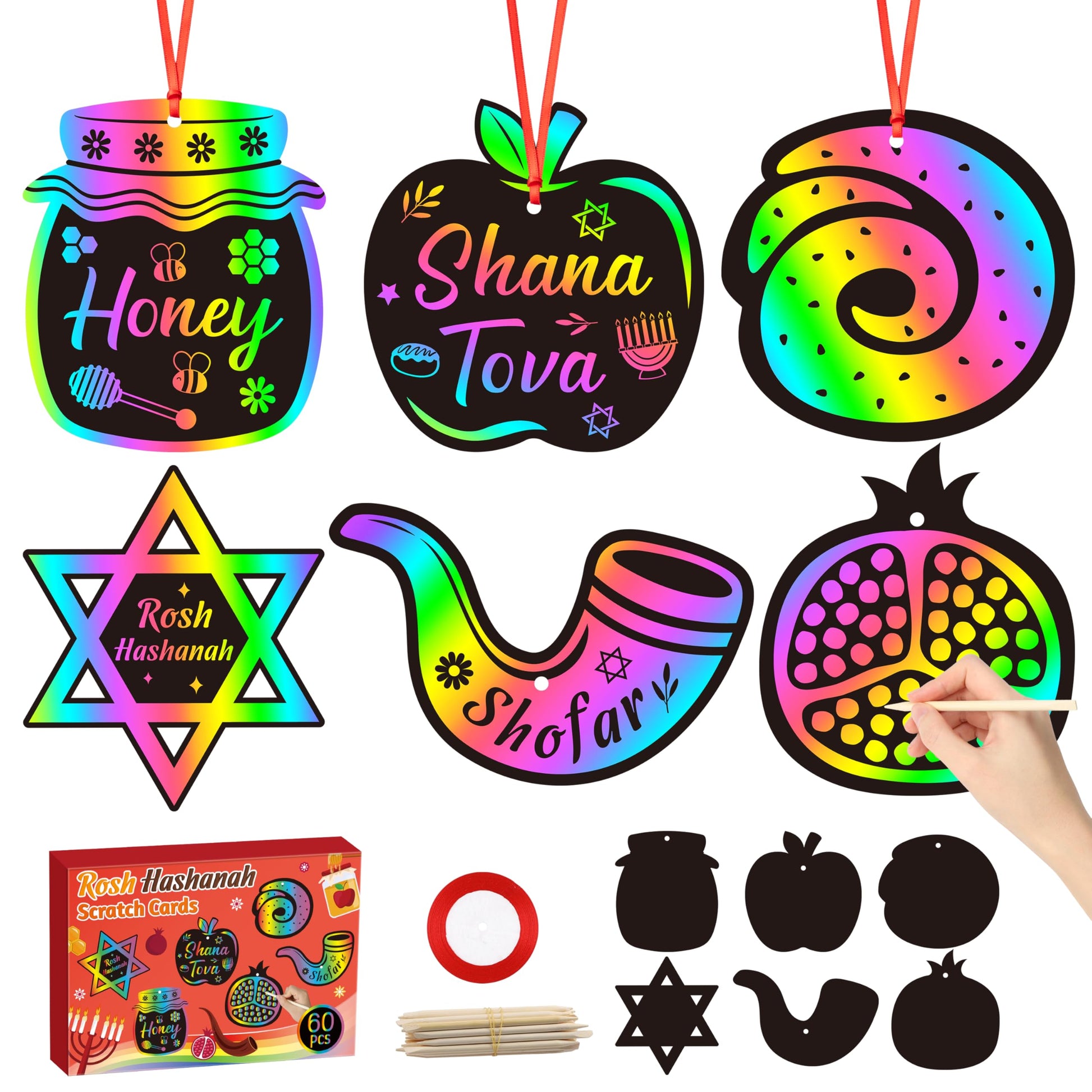 CY2SIDE 60PCS Rosh Hashanah Jewish New Year Scratch Card Gift Set for Kid, DIY Shana Tova Scratch Paper Art for Kids School Acti