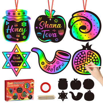 CY2SIDE 60PCS Rosh Hashanah Jewish New Year Scratch Card Gift Set for Kid, DIY Shana Tova Scratch Paper Art for Kids School Acti