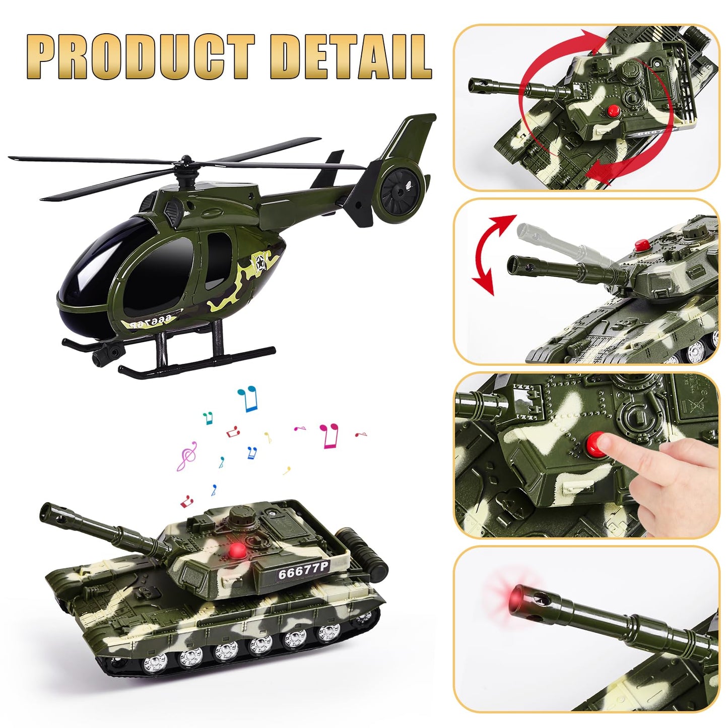 ZHFUYS 25.6'' Green Military Big Truck Toys, Big Truck Toy with Tank and Helicopter,Army Toys with Sounds & Lights, Great Gift f