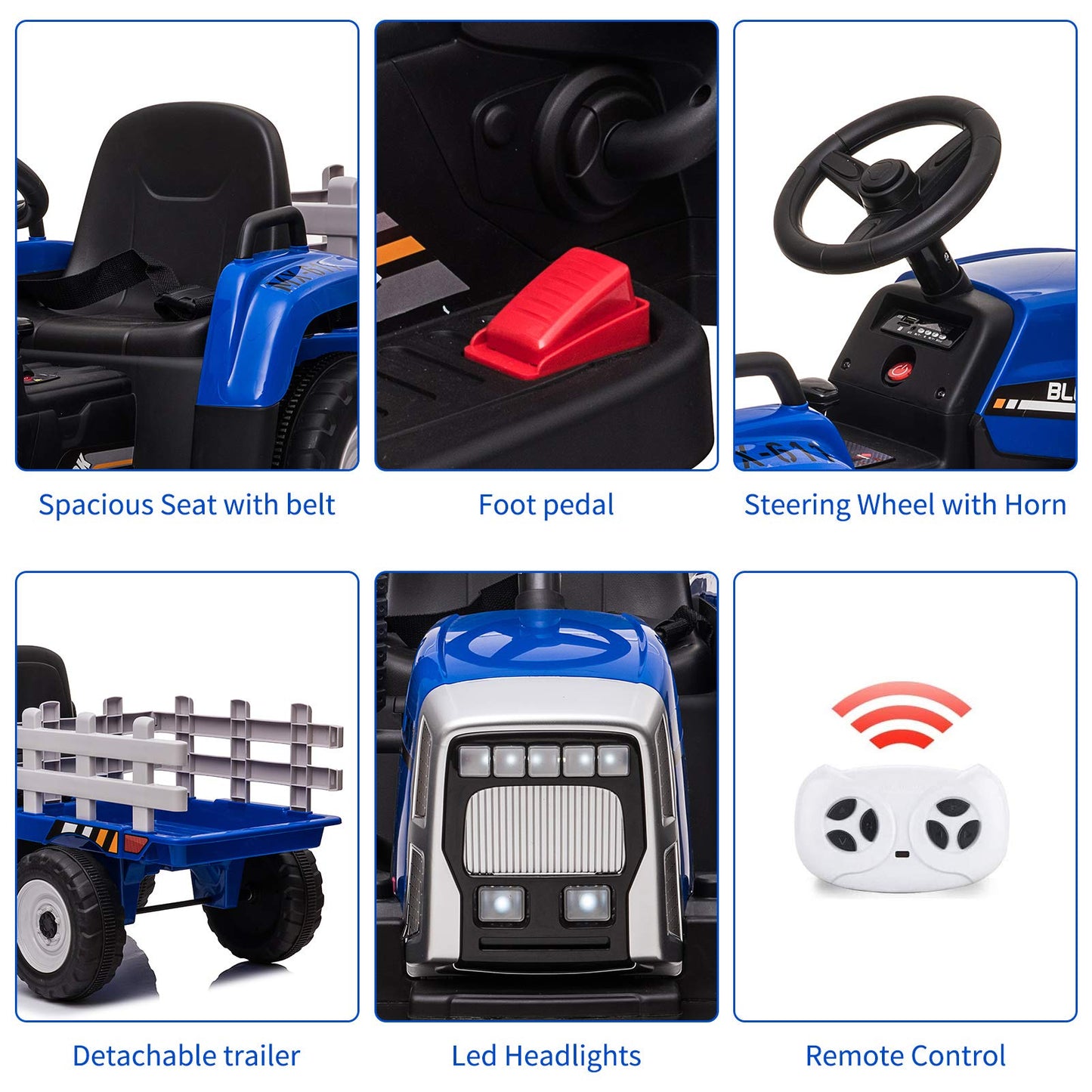 12V Kids Ride On Tractor With Trailer & Remote Control, Toddler Battery Powered Electric Car Slow Start 7Led Headlights Usb Music Player 2+1 Gear Shift, Blue, 25W/Treaded Tires
