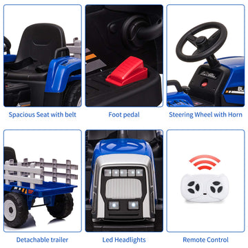 12V Kids Ride On Tractor With Trailer & Remote Control, Toddler Battery Powered Electric Car Slow Start 7Led Headlights Usb Music Player 2+1 Gear Shift, Blue, 25W/Treaded Tires