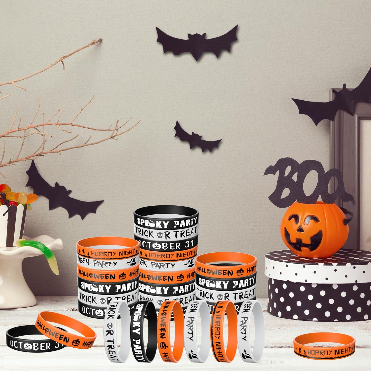 Morcheiong 36 Pieces Halloween Rubber Bracelets 6 Classic Design Silicone Wristbands for Halloween Scary Party Supplies