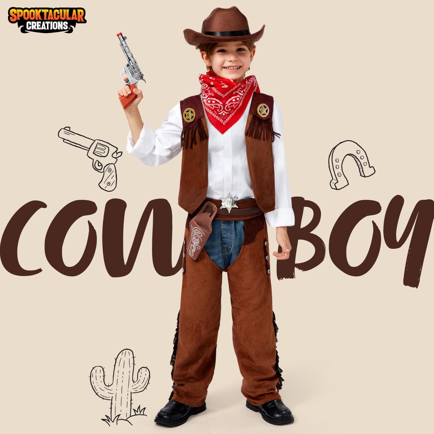 Spooktacular Creations Boys Halloween Cowboy Costume, Deluxe Brown Western Outfit Set, Size S (5-7 yrs), Toddler Dress-up, RolePlay