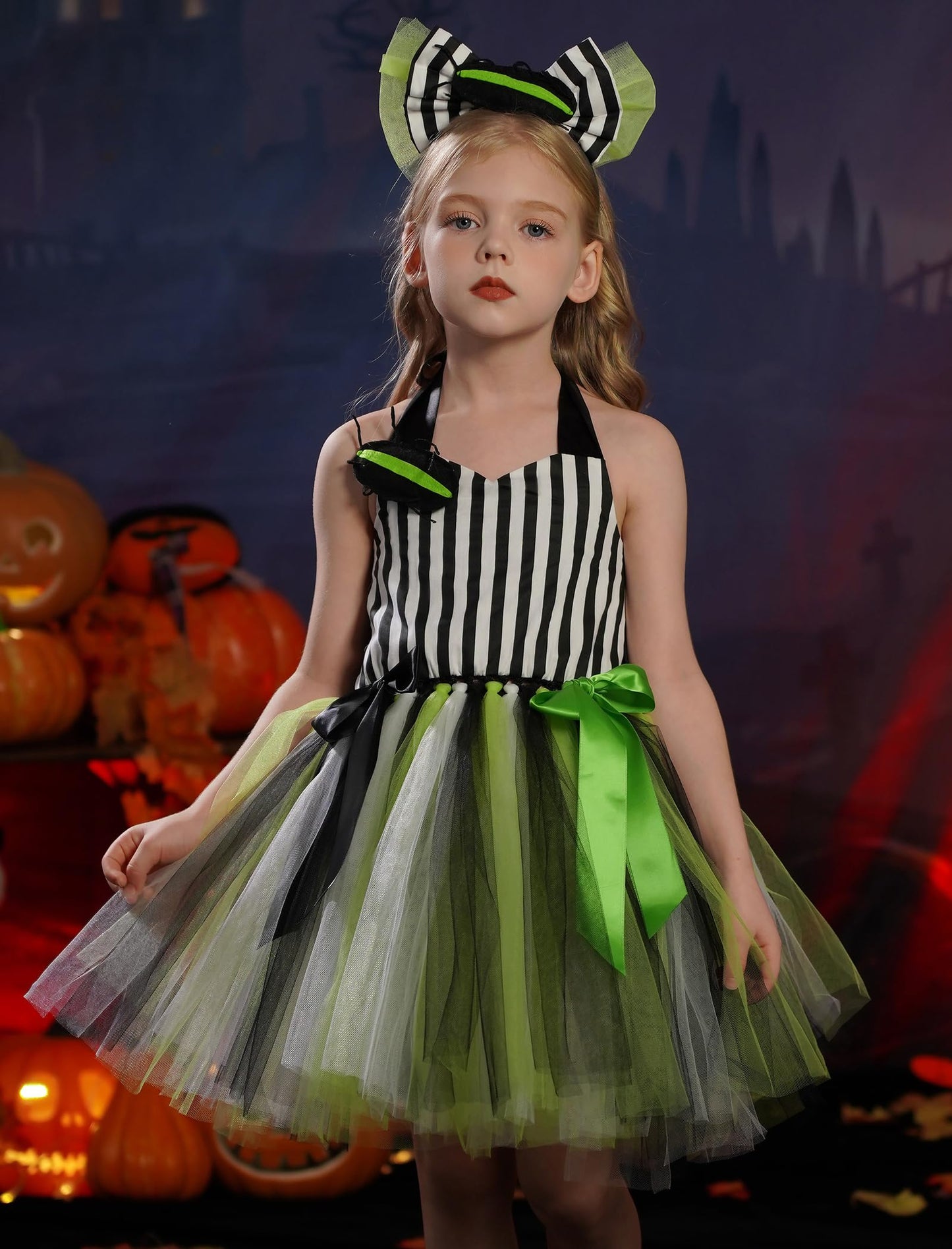Obeeii Kids Girls Halloween Costume Black White Stripe Tulle Tutu Dress With Headband Set Little Girls Carnival Fancy Dress Blac