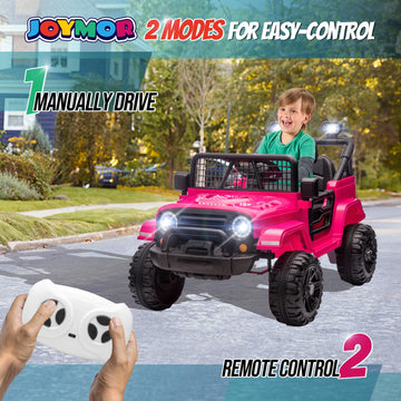 Joymor 12V Kids Ride On Truck With Remote Control, 4 Wheels Battery Powered Kids Car, Electric Play Car With Led Lights/Horn/Remote And Manual Control/3-5 Mph Speed/Gift For Girl Boy (Hot Pink)