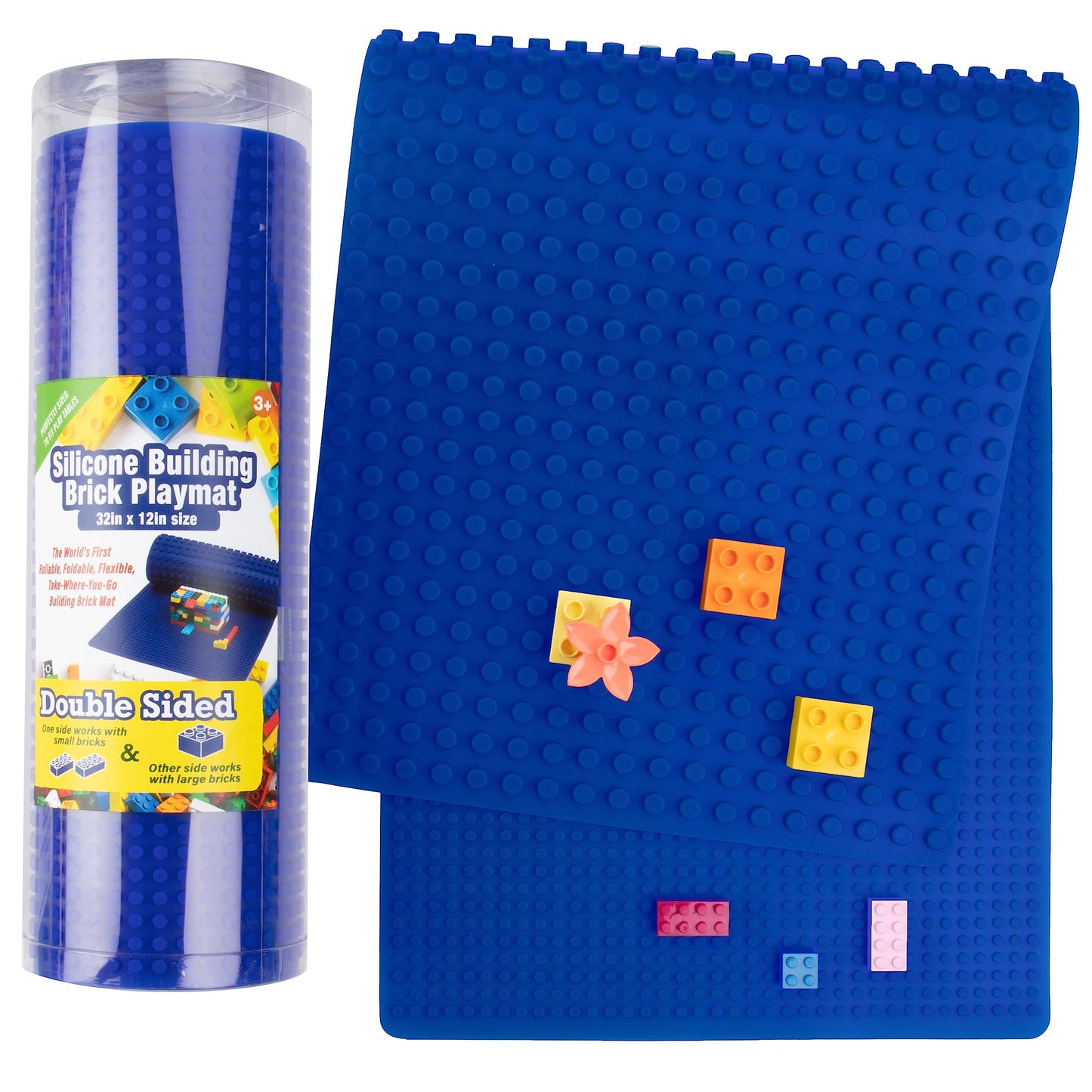 Scs Direct Brick Building Blocks Silicone Playmat - 32'' Blue Rollable, Foldable And Portable Two Sided Playmat For Activity Tab