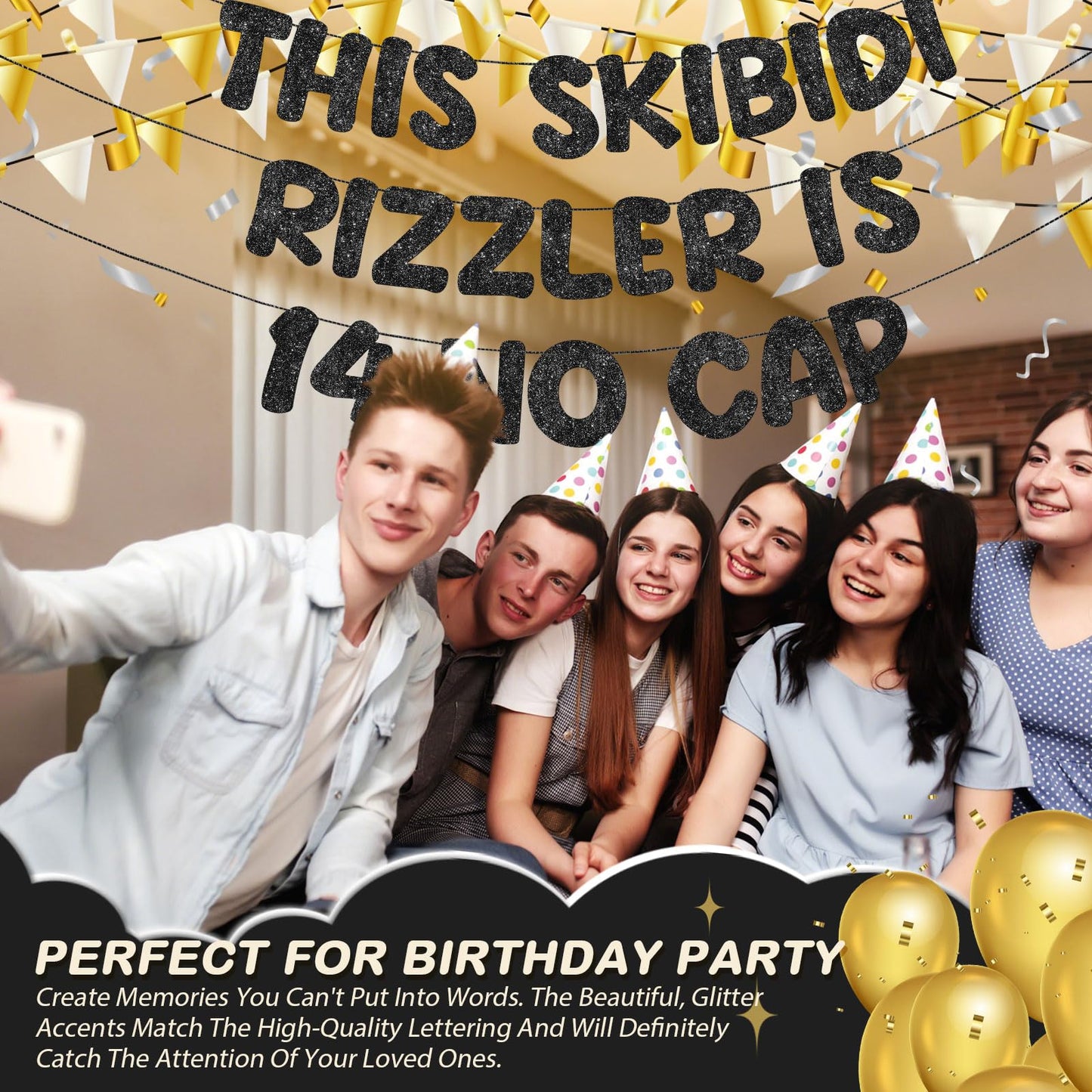 Fulmoon Pre Strung This Skibidi Rizzler Is No Cap Glitter Banner Birthday Party Decorations, Funny Birthday Sign, Party Supplies