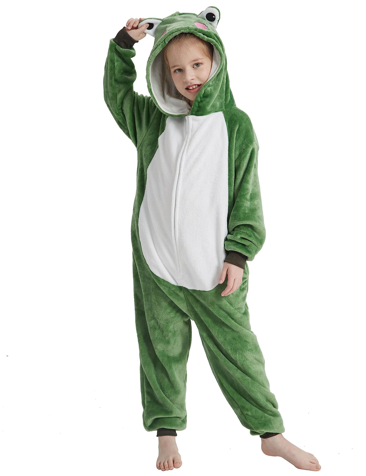 Acogna Onesie Kids Plush Animal Frog Costume One Piece Pajamas Girls Boys Teen Halloween Cosplay Sleepwear Green 8-9 Years