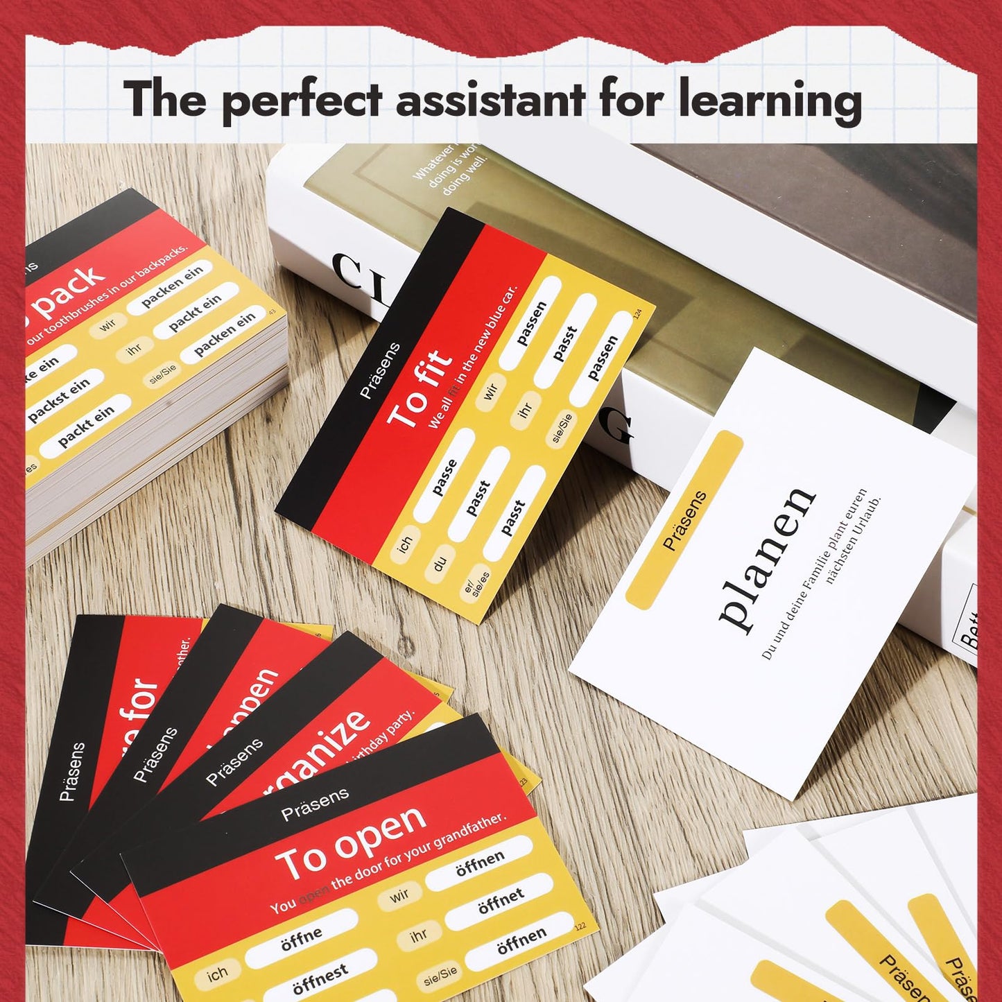 Resurhang German Flashcards - 200 Pcs Verb Conjugation Present Tense Study Cards for Adults & Kids - Paper Material