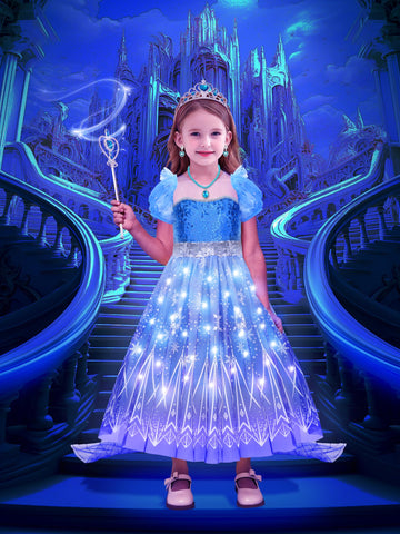 G.C Girls Light Up Elsa Costume Dress Princess Dress Up Clothes With Cape Toddler Kids Wig Crown Halloween Cosplay