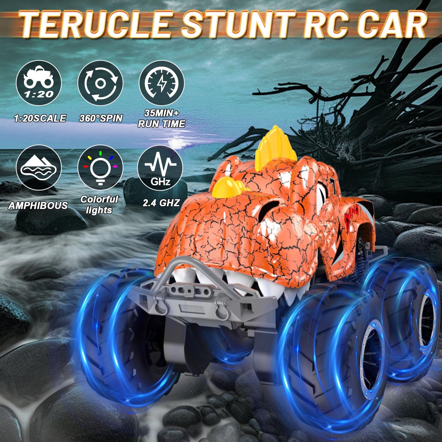 Remote Control Car,Dinosaur 2.4GHz Monster Trucks for Boys Girls with Light,Sound & Spray,Stunt Car RC Trucks Dinosaur Toys Gift