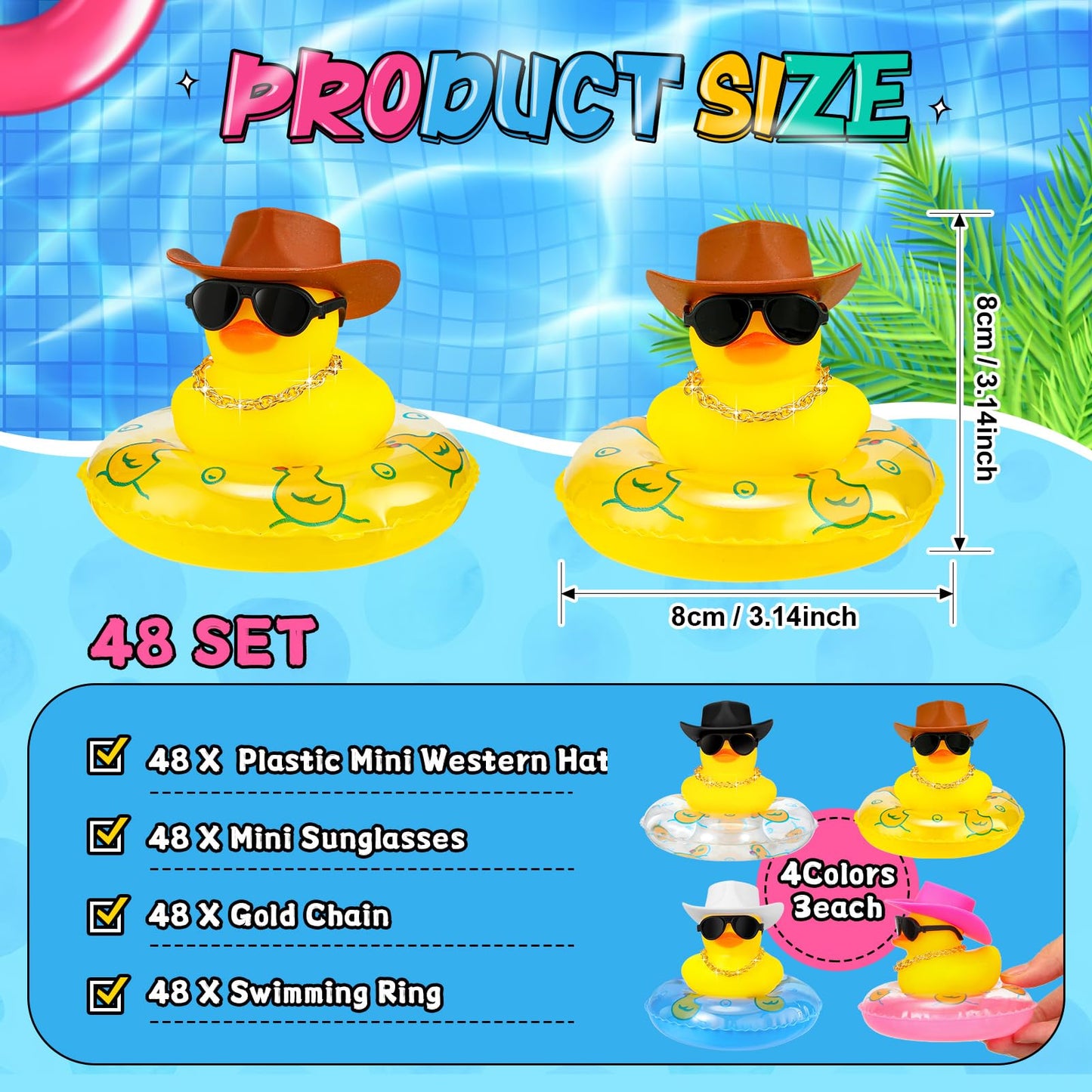 Sosation Cowboy Rubber Duck Bulk Mini Car Yellow Duckies Bath Toys Party Favor with Mini Hat Swim Circle Necklace Sunglasses Car Ornaments for Summer Birthday Swimming Supplies(48 Pcs  Novel Style)