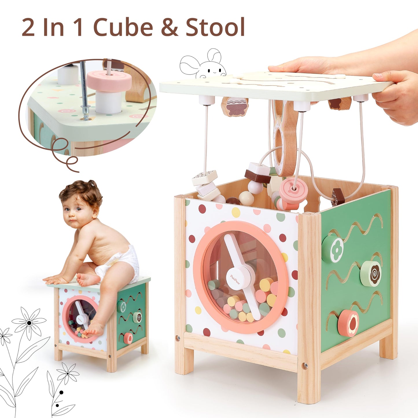 PairPear Wooden Activity Cube - Montessori Toys for Toddlers, Multifunctional Play Center, Early Educational Development, Model U15022
