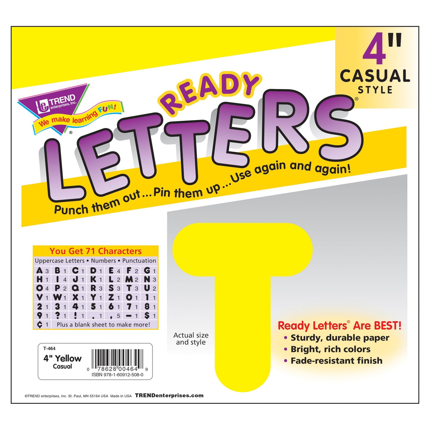 Trend Yellow 4'' Casual Uppercase Ready Letters, 6 Packs