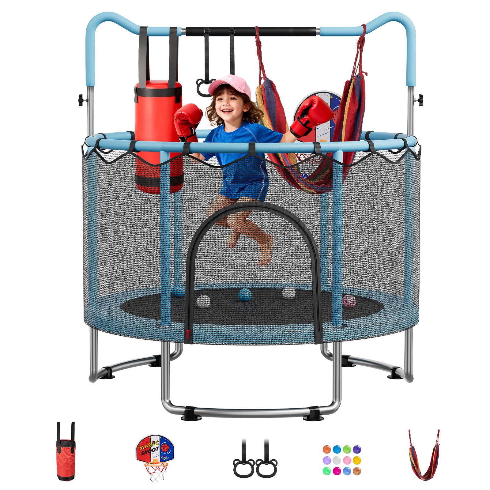 55 Trampoline for Kids, 4.5 FT Toddler Trampoline with Enclosur Net, Basketball Hoop & Sandbag, 440 LBS Capacity, Adjustable Hei