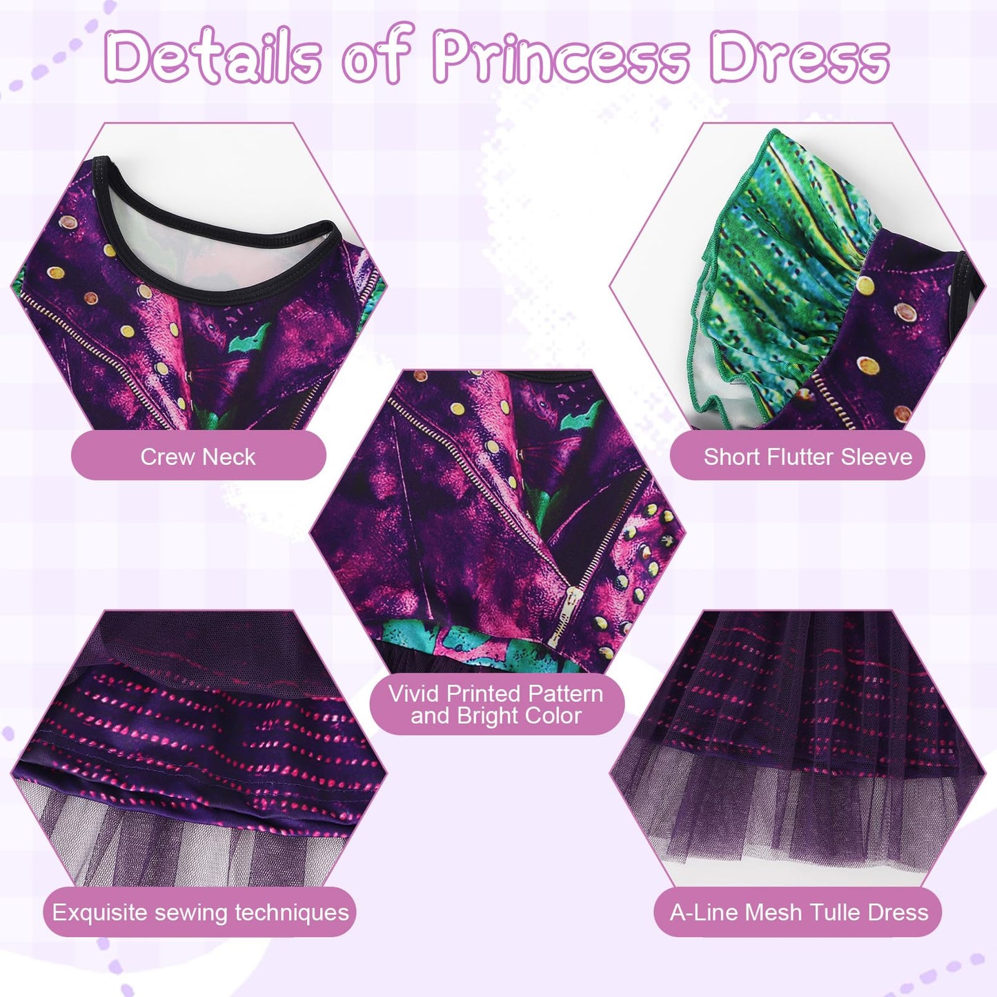 HenzWorld Girls Purple Dress Kids Costume Dress up for Girls Short Flutter Sleeve Tulle Dresses Halloween Cosplay Theme Party Ou
