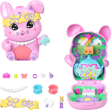 Polly Pocket Dolls And Playset, Tea Party Bunny Compact, Travel Toy With 1 Micro Doll, Pet Bunnies, Food & Fashion Styling Acces